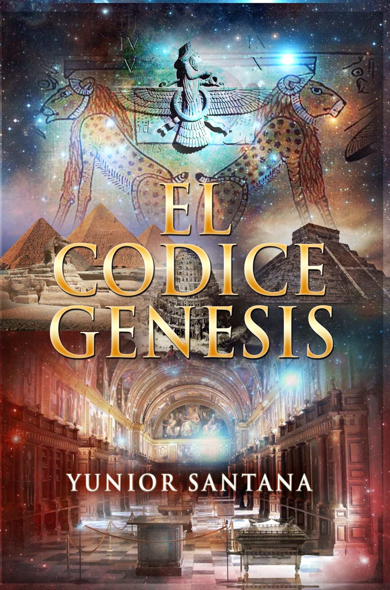 Portada de El Códice Génesis, de Yunior Santana. Un códice abierto brilla entre ruinas y un resplandor dorado.